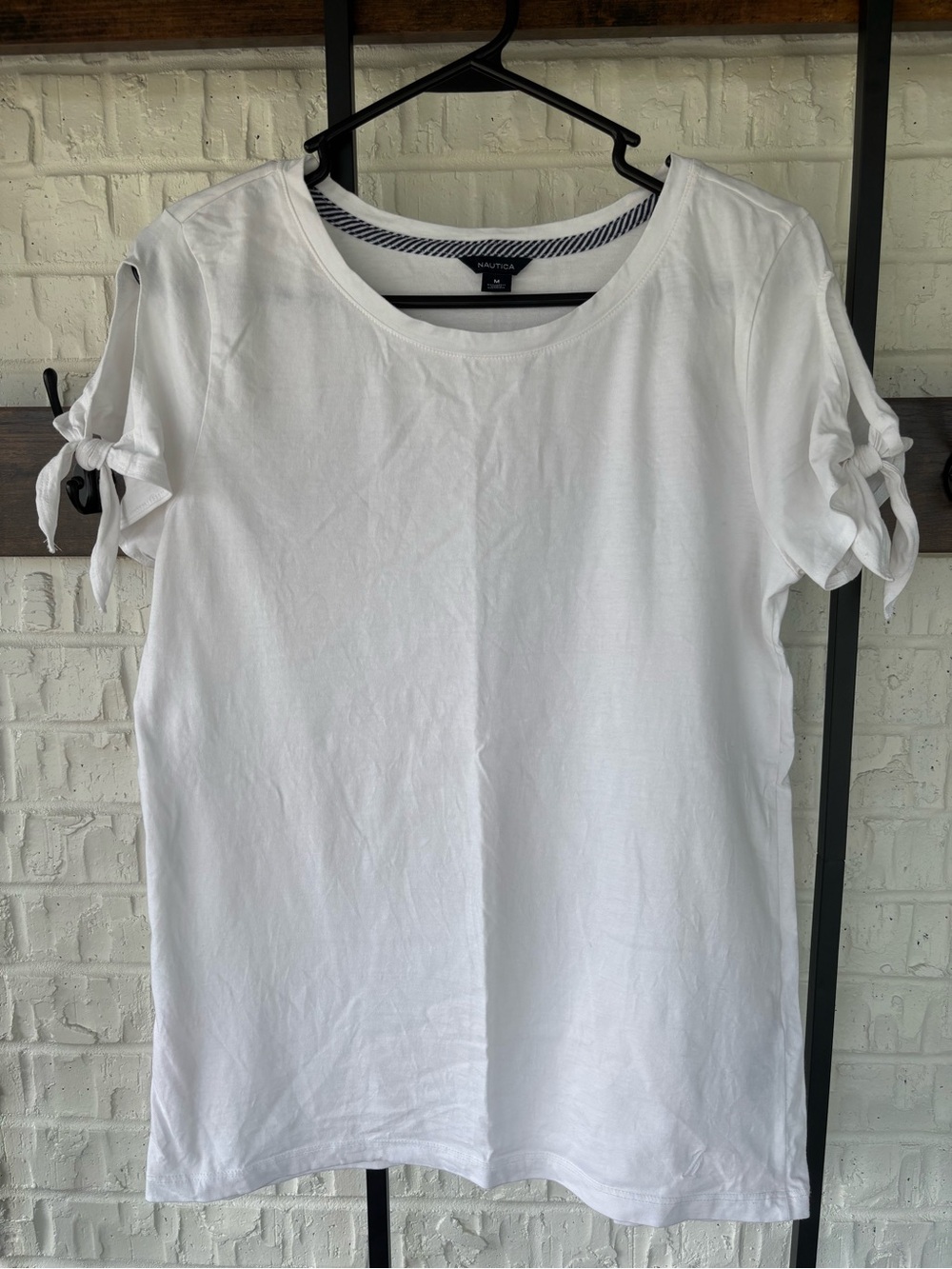 Nautica White Short Sleeve Tee with Tie Sleeve Detail
